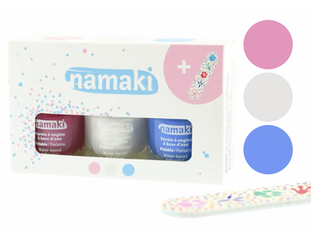 Namaki, doosje met drie afpelbare nagellakjes, licht roze, wit parelmoer, blauw - vegan