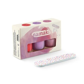 Namaki, doosje met drie afpelbare nagellakjes, kersen rood, mauve en glinsterend roze - vegan
