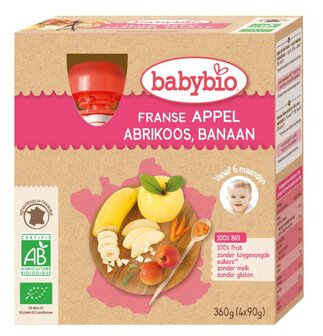 Babybio Appel abrikoos banaan 4 x 90 gram bio - melk en glutenvrij - 6 mnd tht 13-06-2024